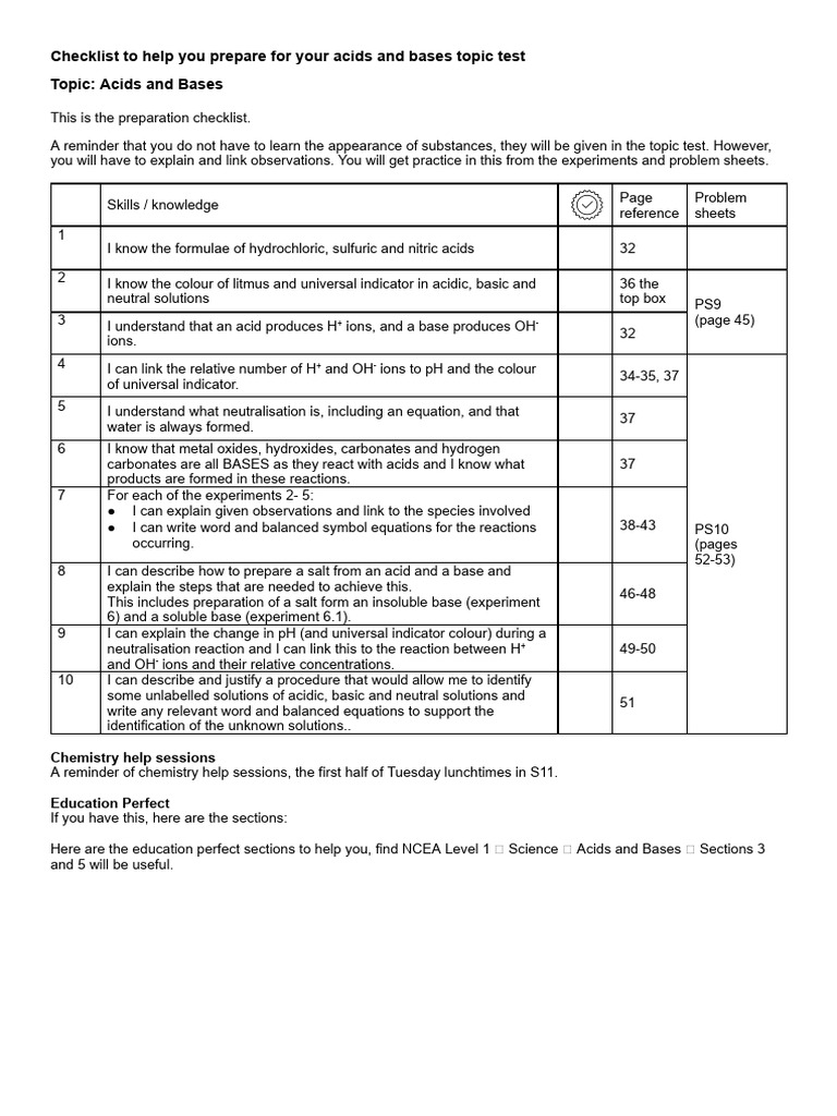 Acids and Bases Test Preparation Checklist | PDF | Acid | Hydroxide