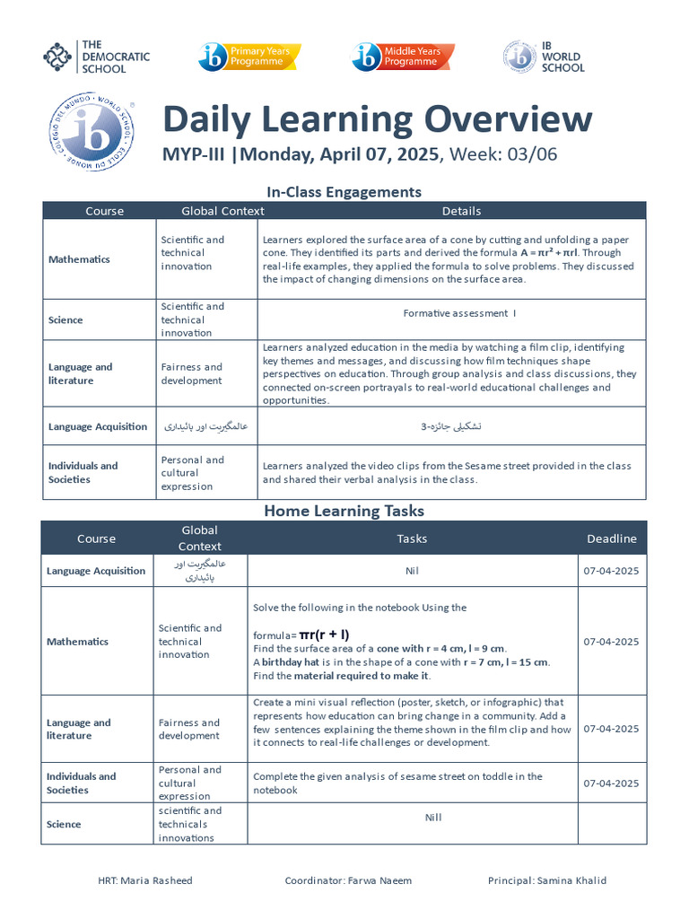 Unit 5, 03, MYP-III-Daily Learning Overview 07-04-25 Google Docs | PDF