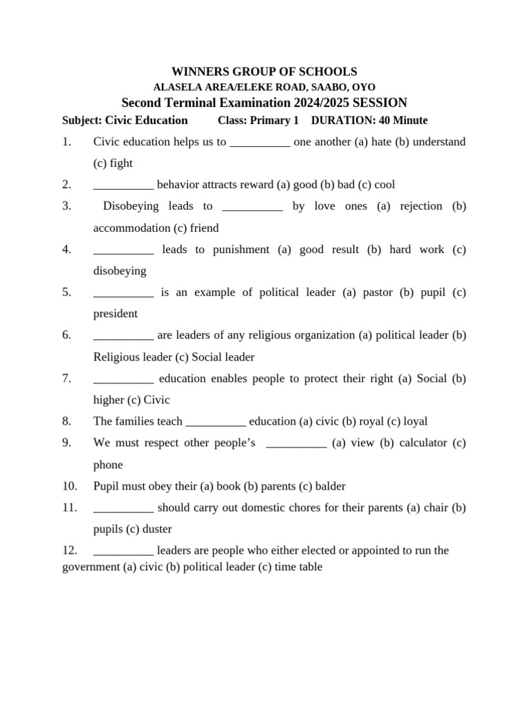 Civic Education Exam for Primary 1 | PDF