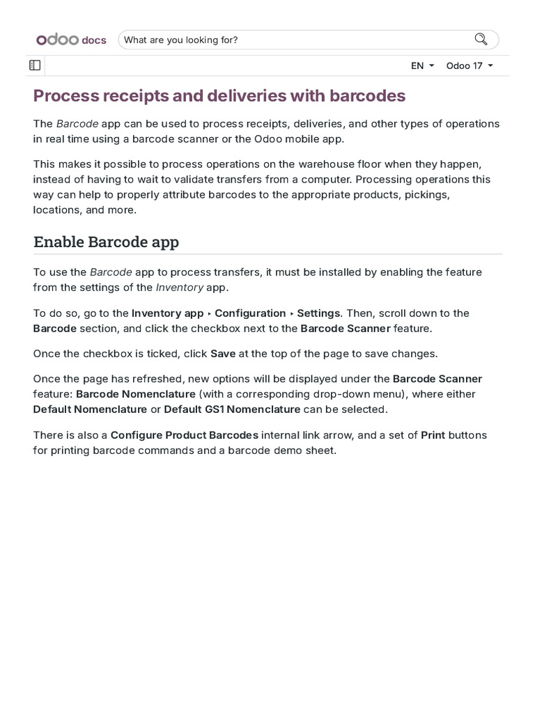 Odoo 17 Barcode Scanning for Warehousing | PDF | Barcode | Image Scanner