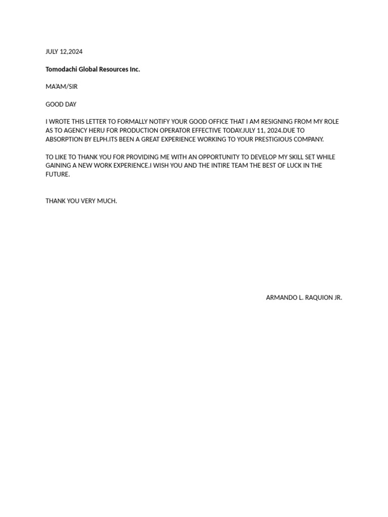 Resignation Letter from Production Operator | PDF
