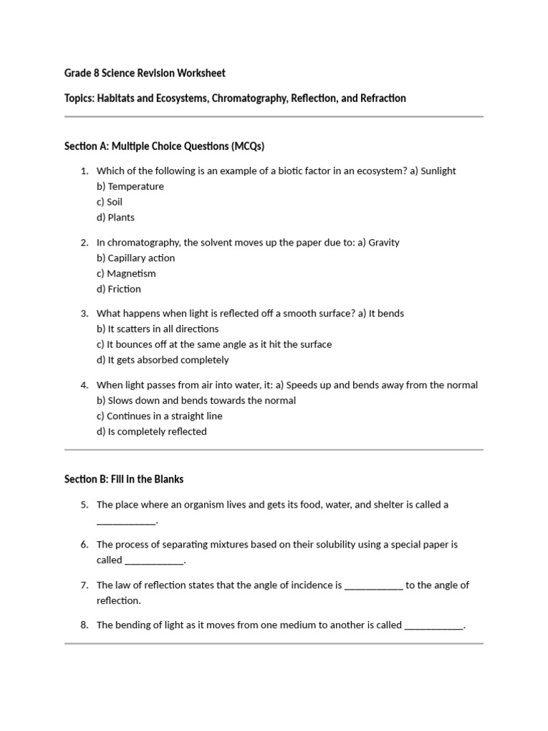 Grade 8 Science Revision Worksheet | PDF