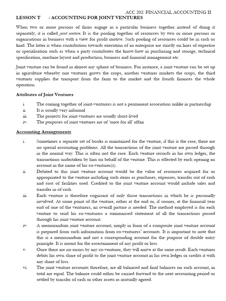 ACC 201 Lesson Six Joint Ventures | PDF | Debits And Credits | Economies
