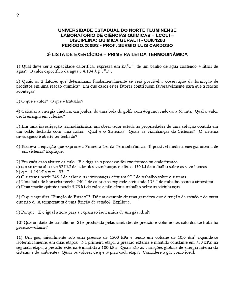 Exercícios sobre a Primeira Lei da Termodinâmica | PDF | Calor ...