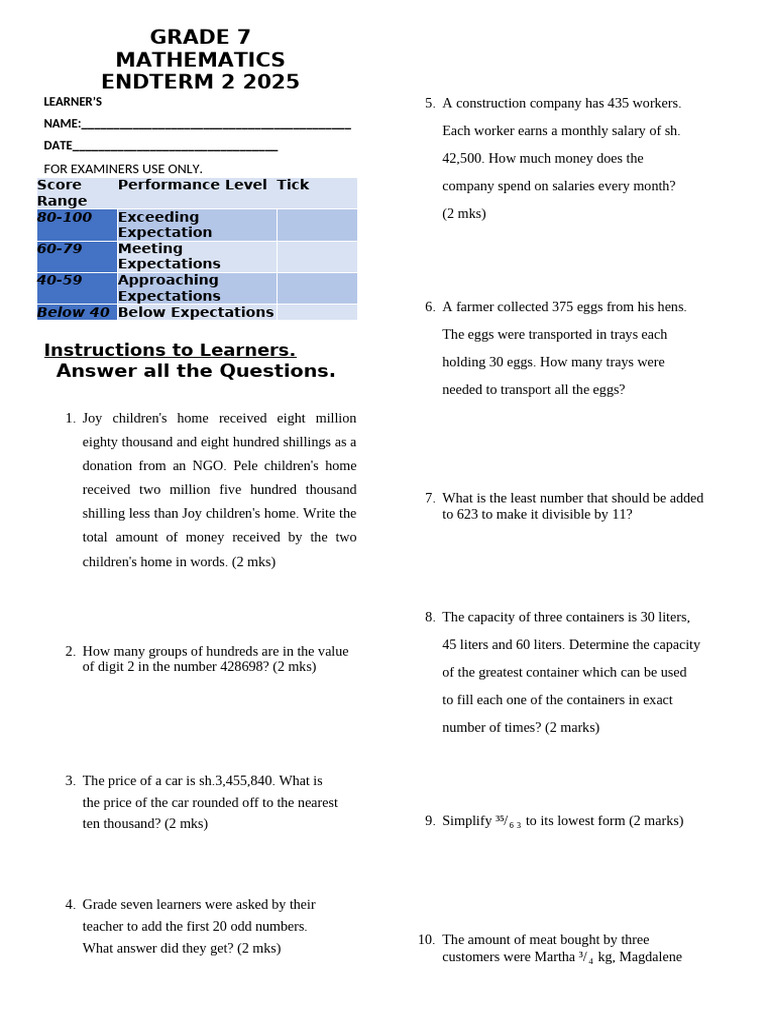 Grade 7 Math Exam 2025 | PDF