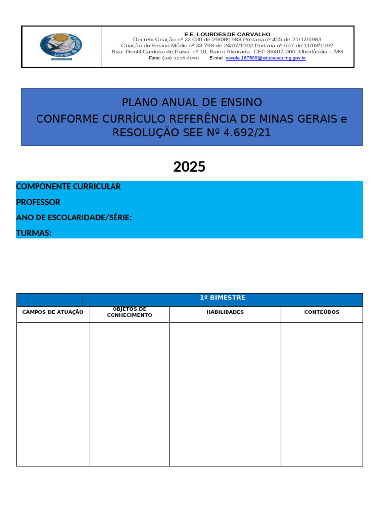 Modelo de Plano de Ensino Anual | PDF | Pedagogia | Aprendizado