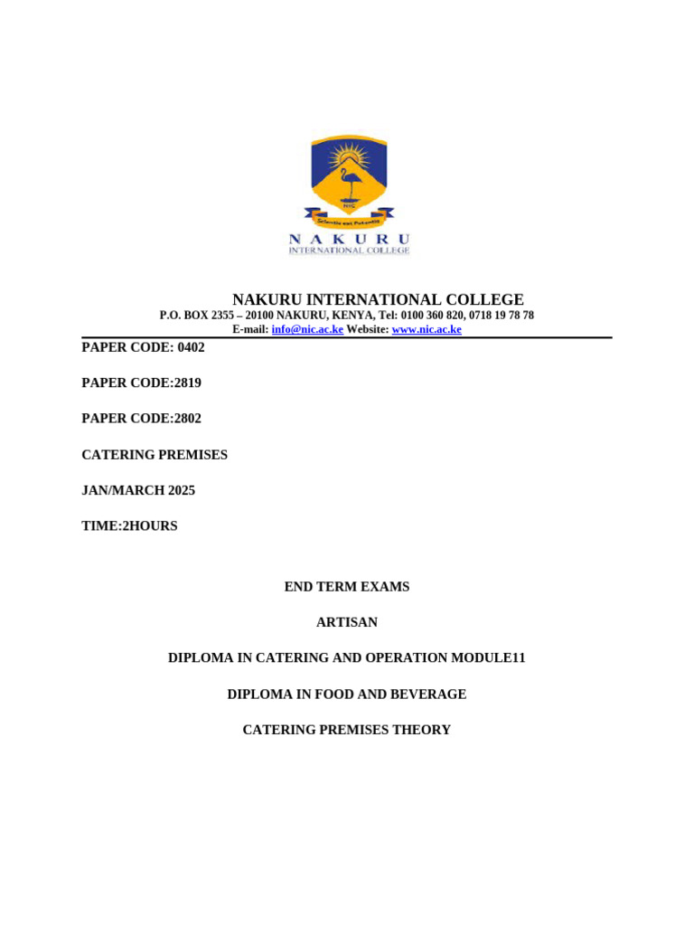 Catering Premises Exam Paper 2025 | PDF