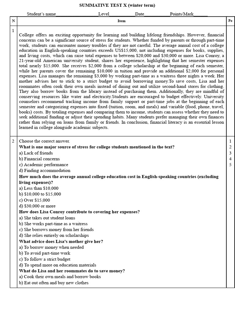 SUMMATIVE TEST X (Winter Term) | PDF | Cost Of Living | Expense
