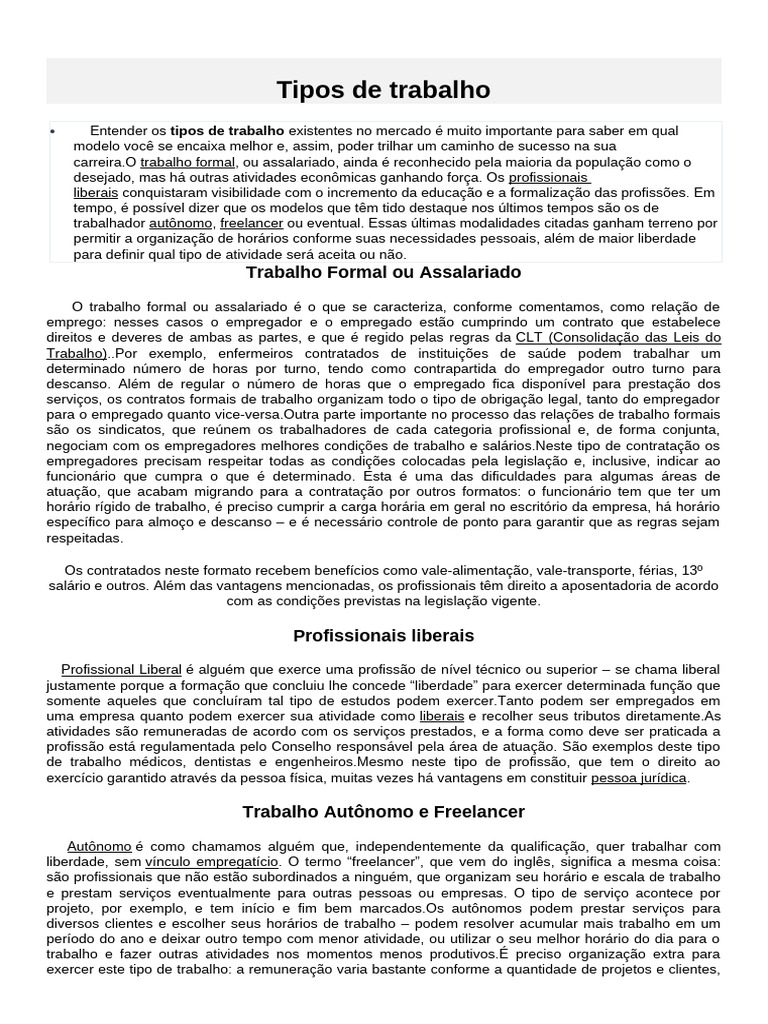 Tipos de Trabalho e Suas Características | PDF | Pessoal (trabalho ...