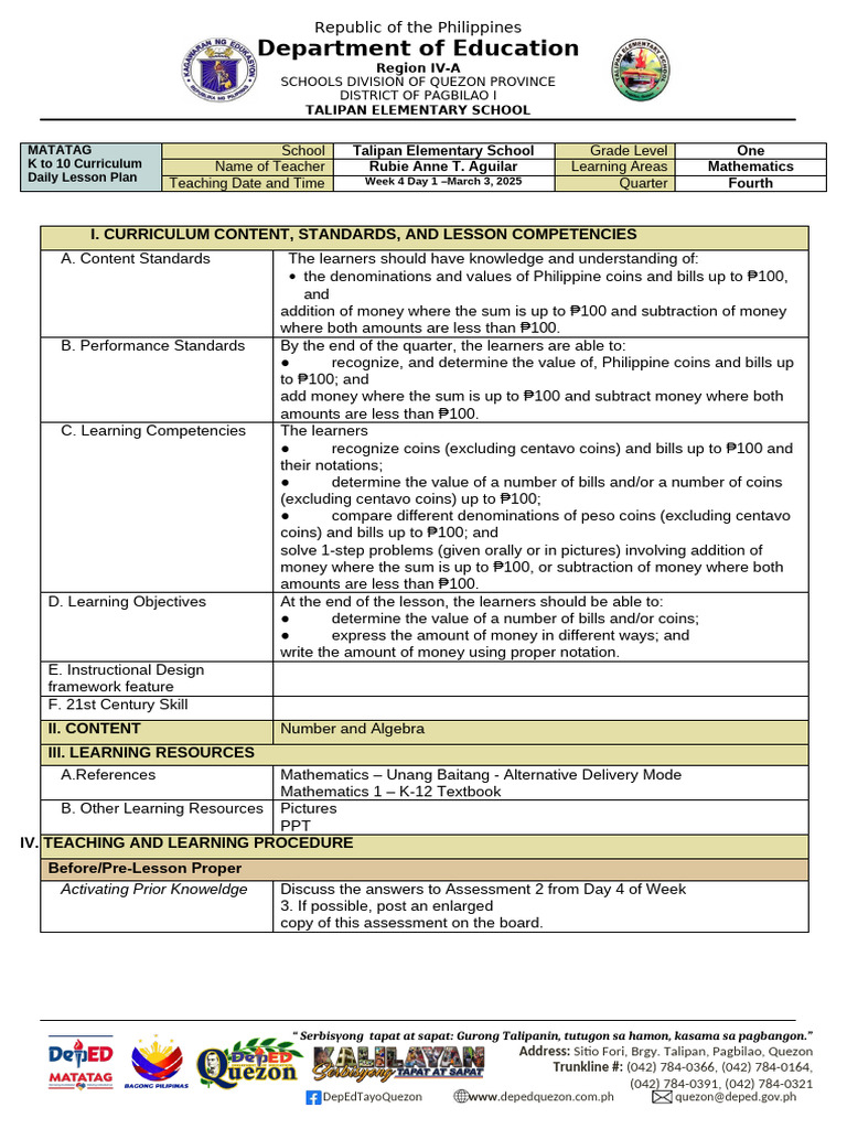Grade 1 Math Lesson Plan: Money Value | PDF | Curriculum ...