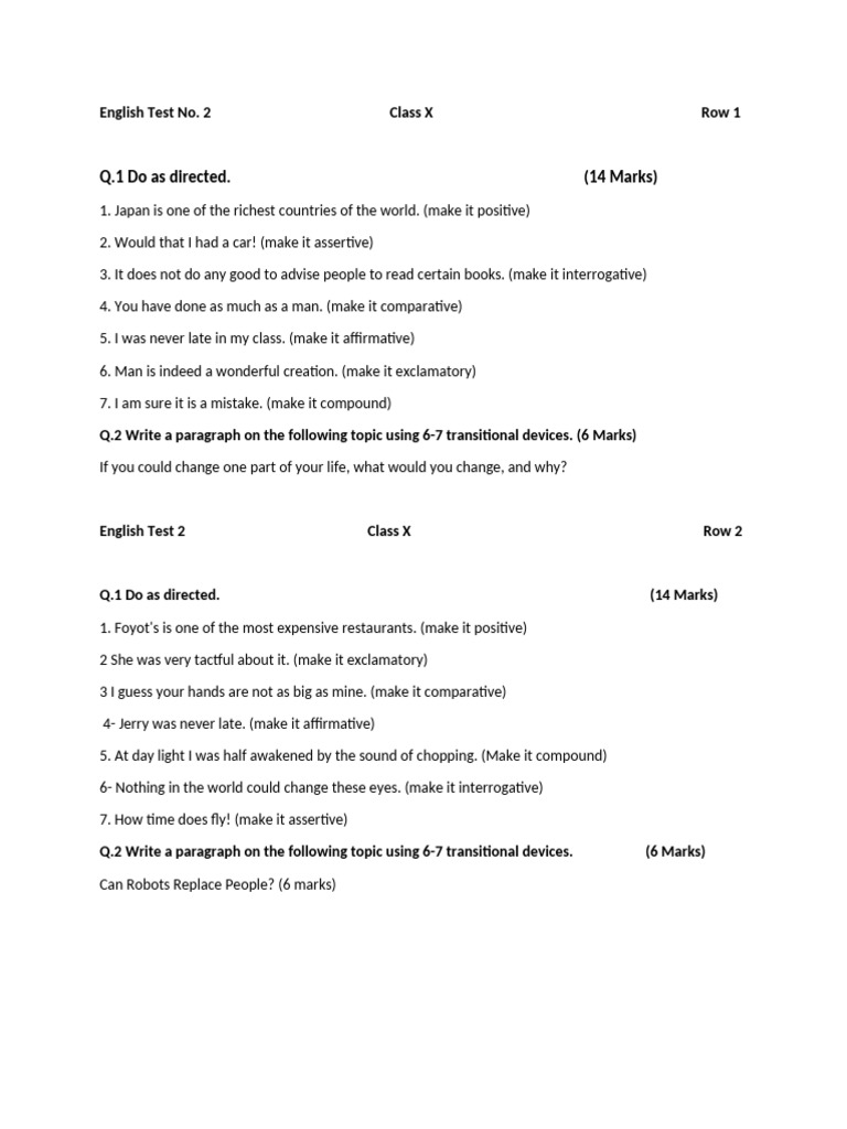 Class X English Test: Grammar & Writing | PDF