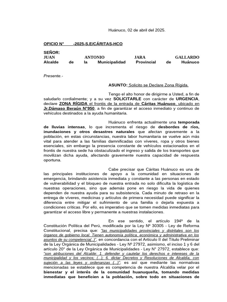 Oficio para Alcalde Solicitando Declare Zona Rígida | PDF | Gobierno local
