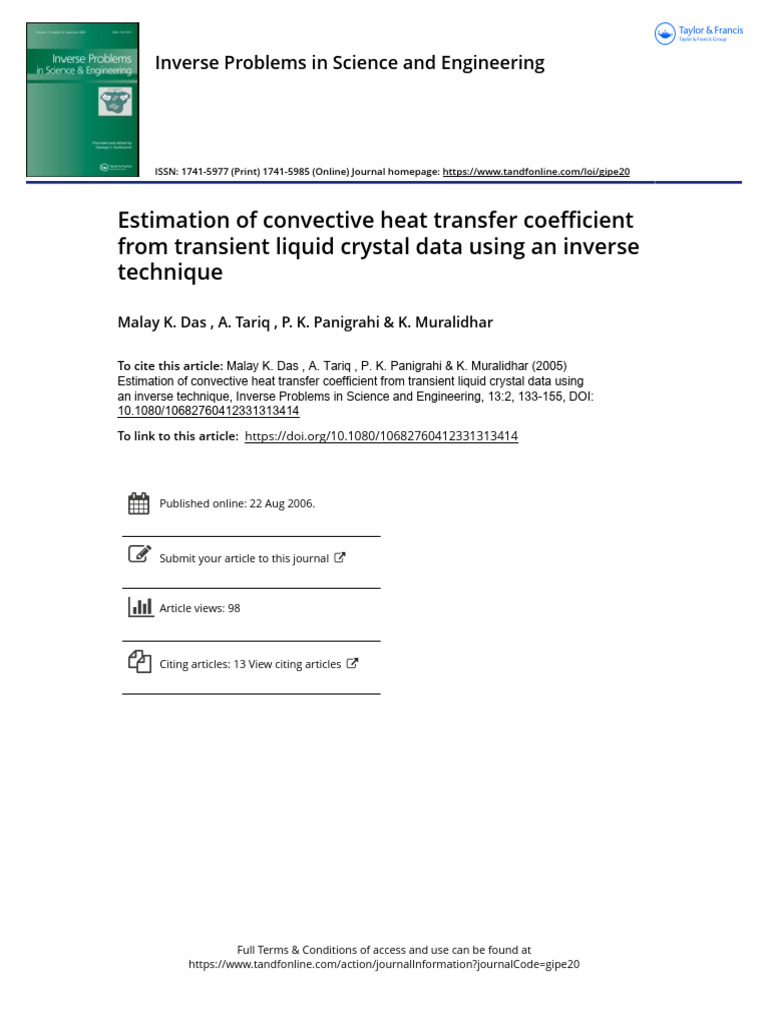 Estimation of Convective Heat Transfer Coefficient From Transient ...