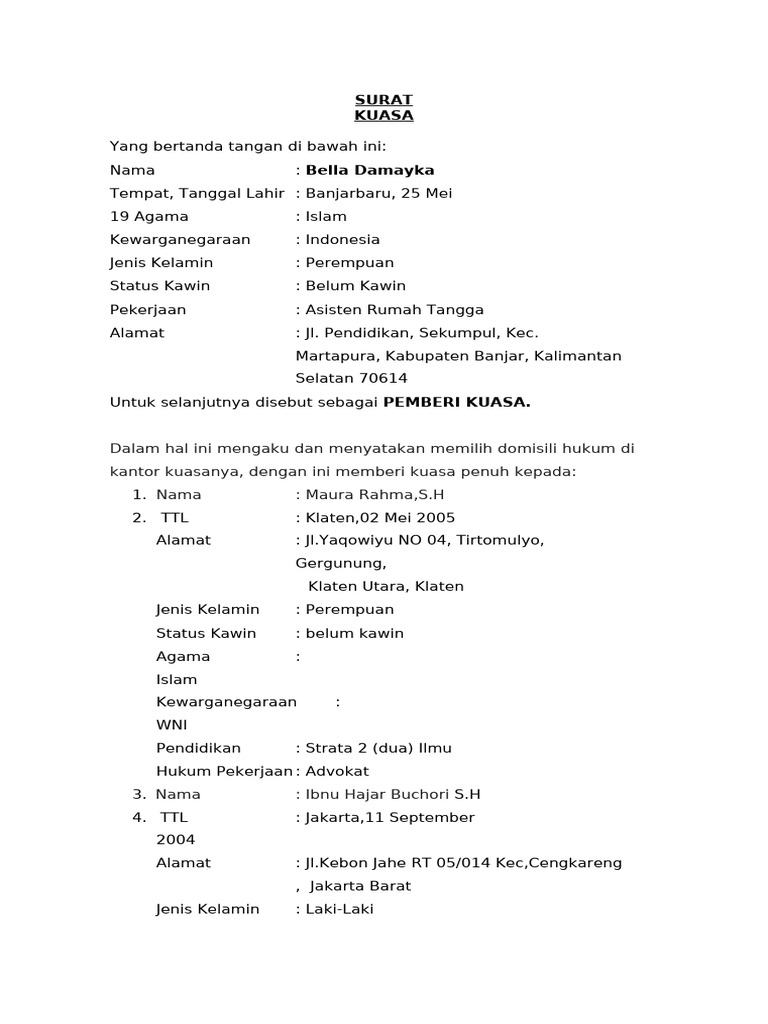 Surat Kuasa Pemberian Kuasa Hukum | PDF