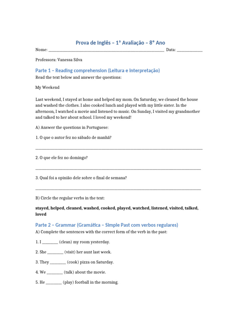 English Test for 8th Grade Students | PDF