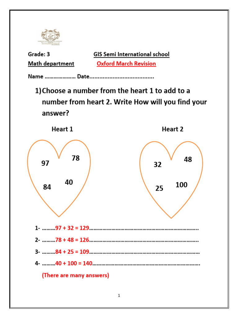 (Grade 3), Math Oxford March Revision - Answer | PDF