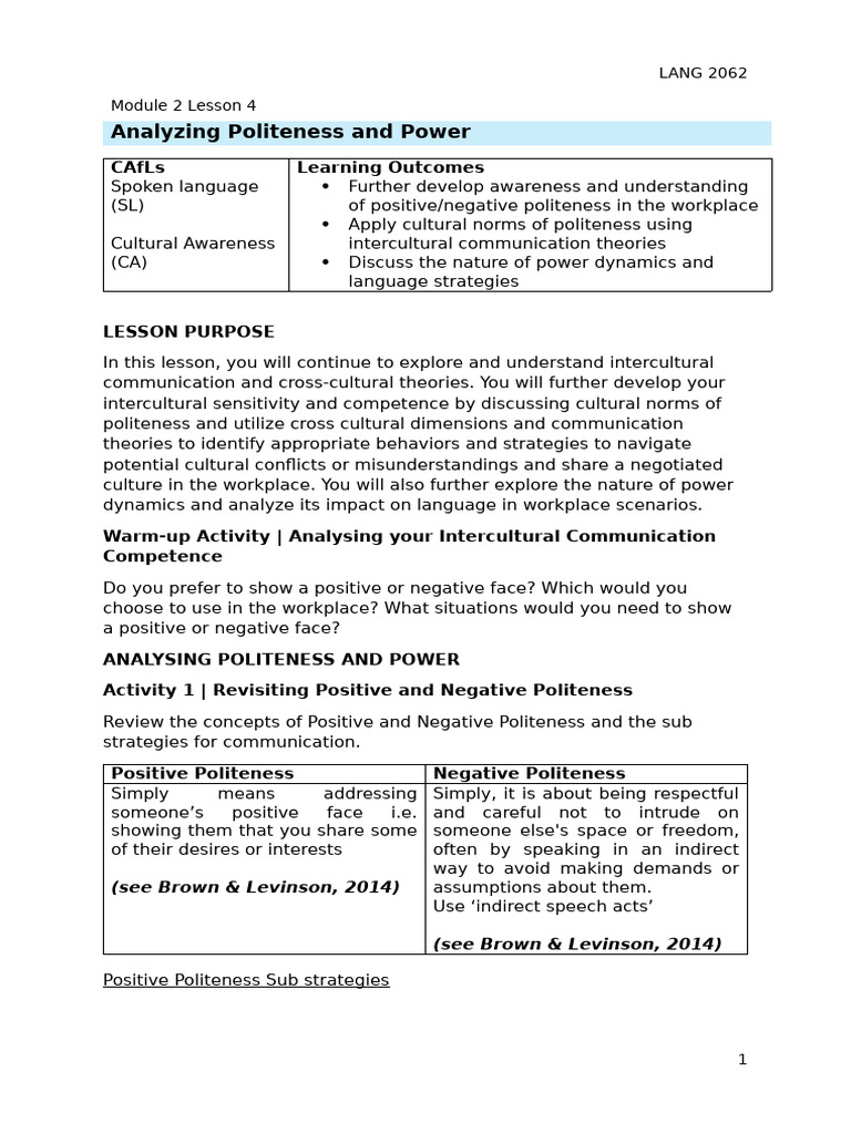 Power and Politeness in the Workplace | PDF | Cross Cultural ...