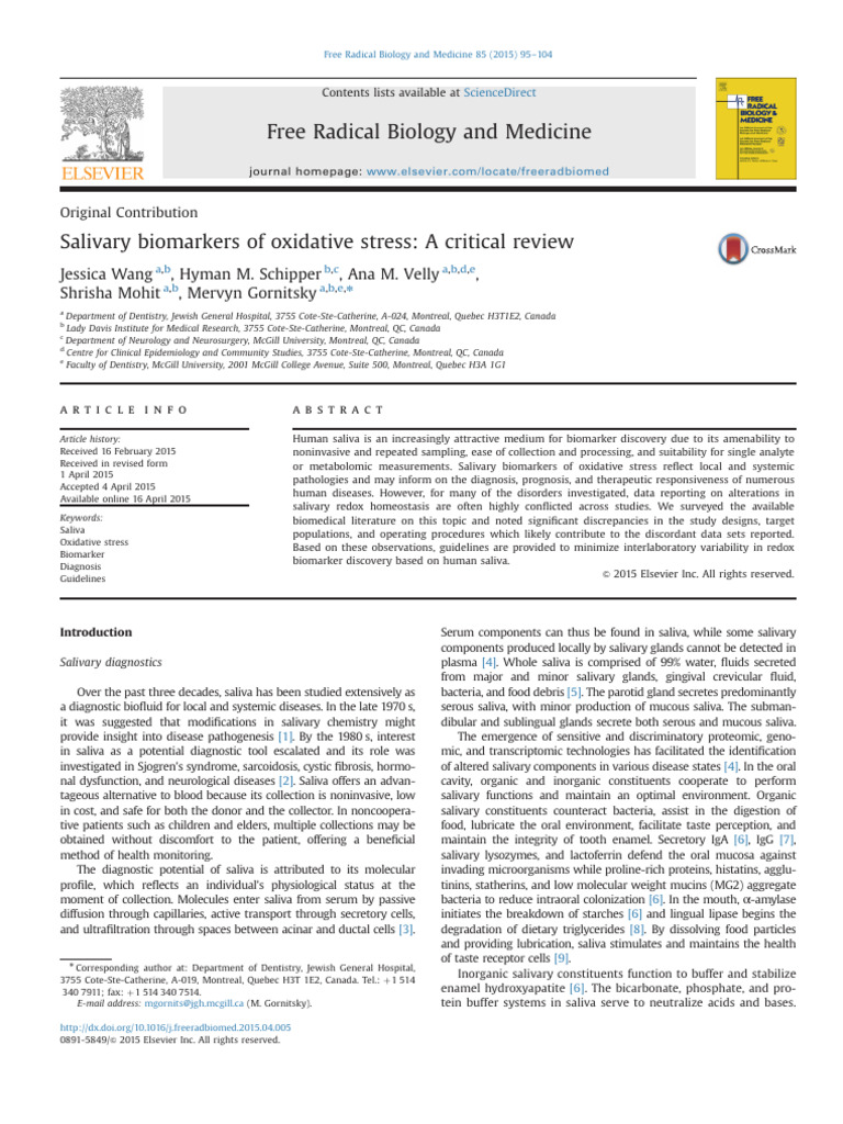 Salivary Biomarkers of Oxidative Stress | PDF | Student's T Test ...