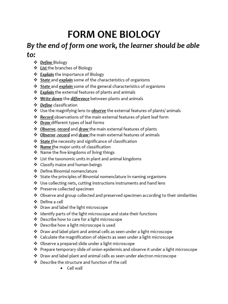 Form One Biology Curriculum Overview | PDF | Osmosis | Endoplasmic ...