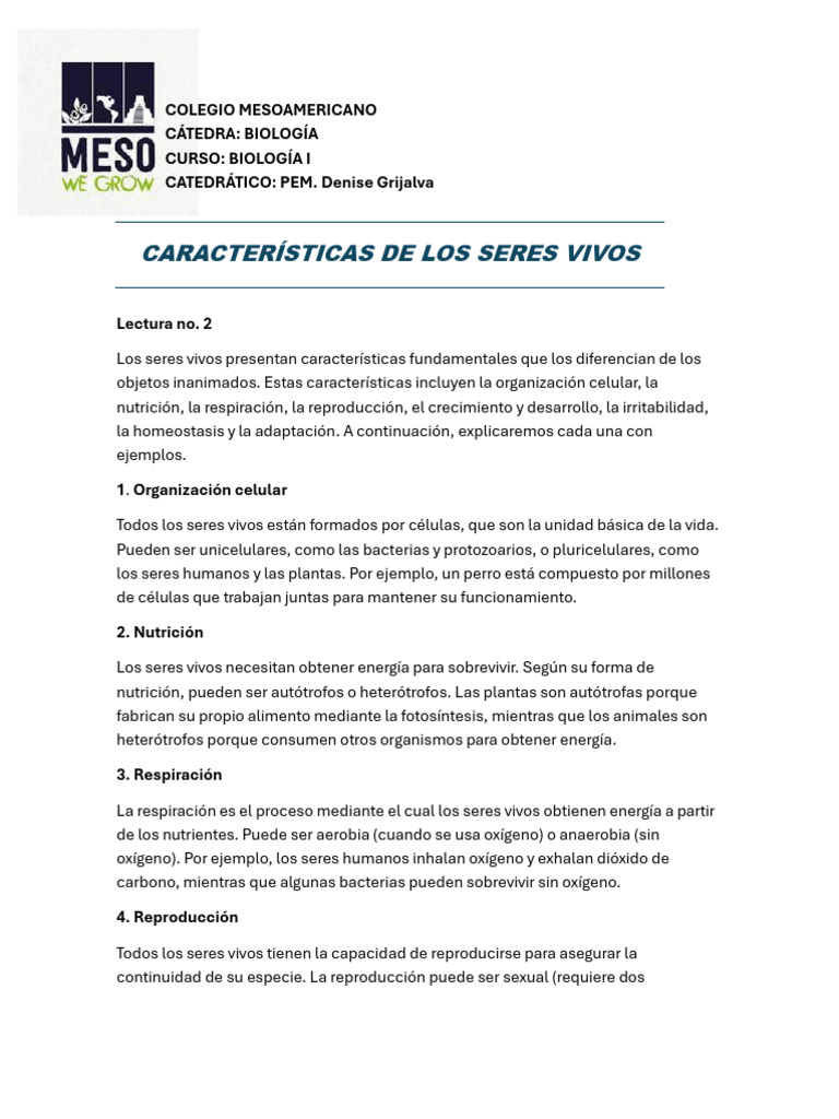 Lectura 2. Características de Los Seres Vivos | PDF | Organismos ...