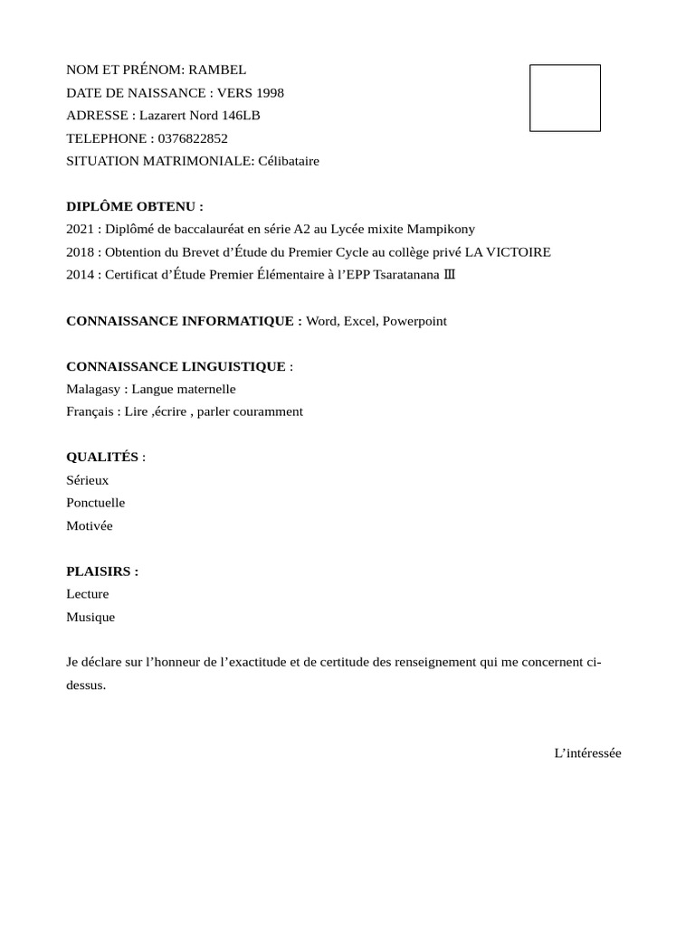 Profil de Rambel: Diplômes et Compétences | PDF