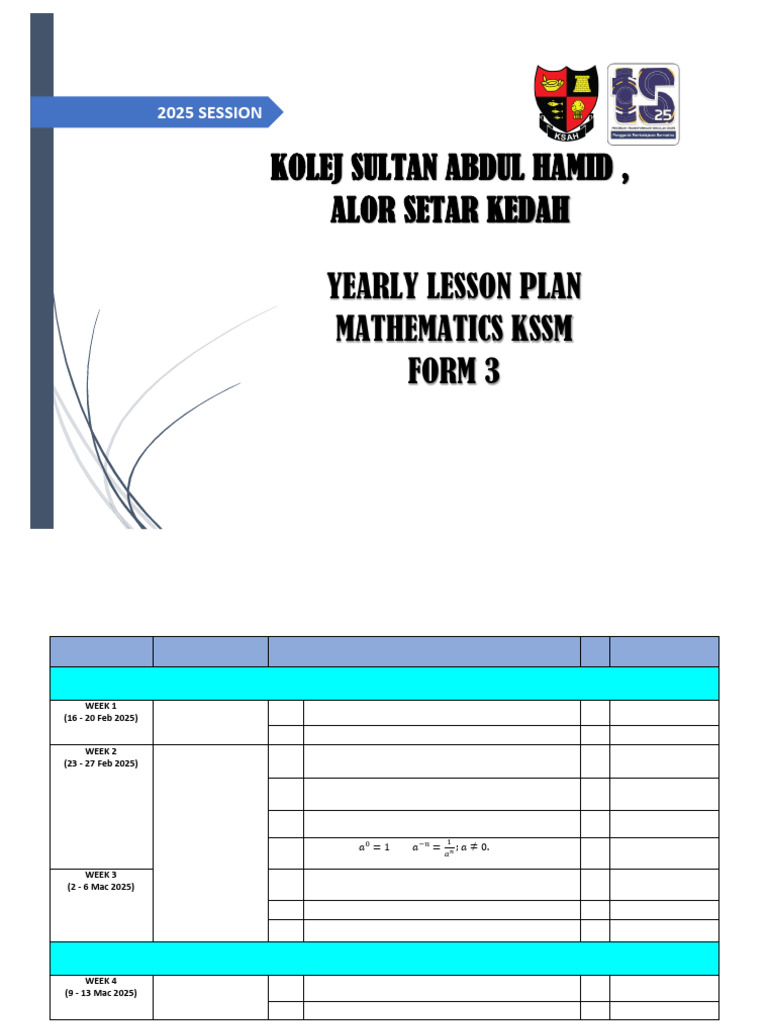Yearly Mathematics Lesson Plan 2025 | PDF | Trigonometric Functions ...