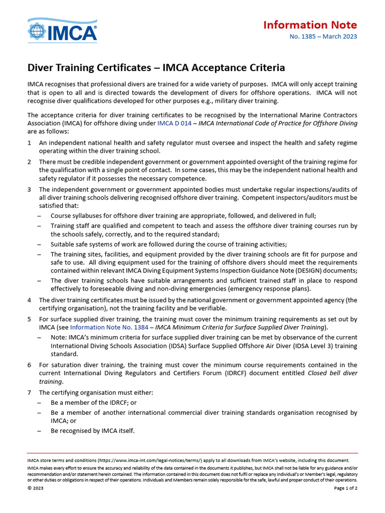 IMCA Diver Training Certification Criteria | PDF | Scuba Diving ...