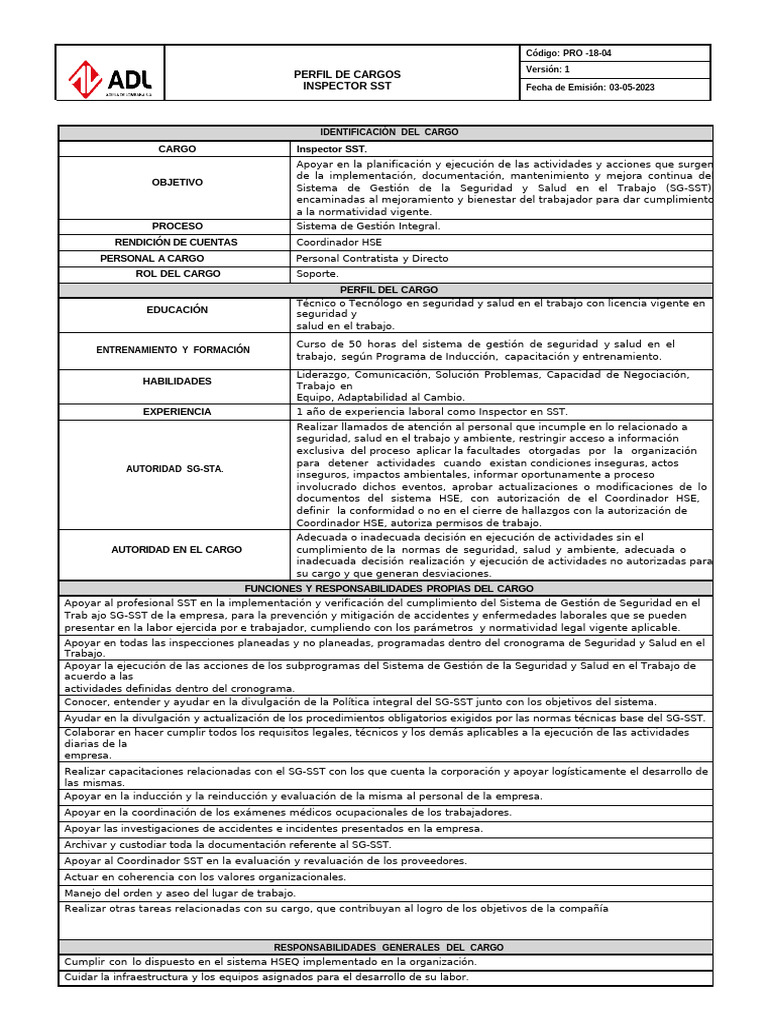 Perfil del Cargo: Inspector SST | PDF | Valores