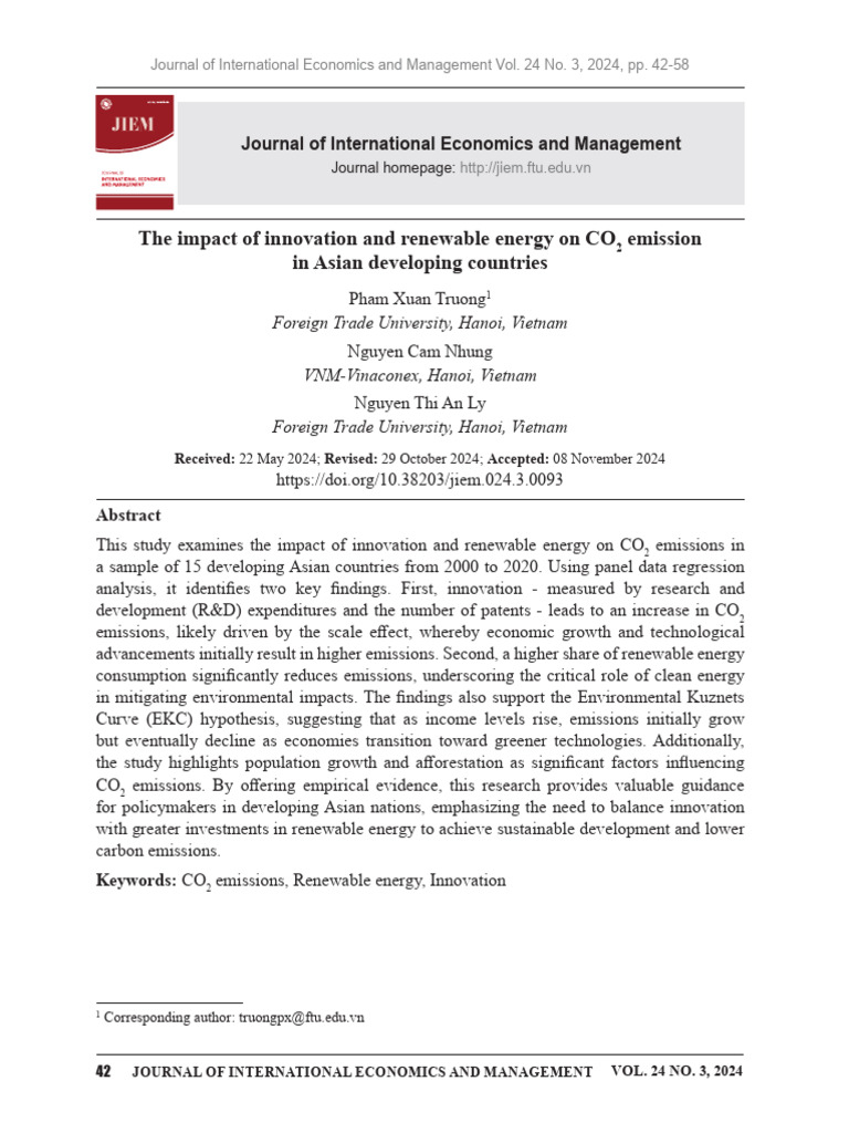 Innovation and Renewable Energy Impact on CO2 in Asia | PDF | Climate ...