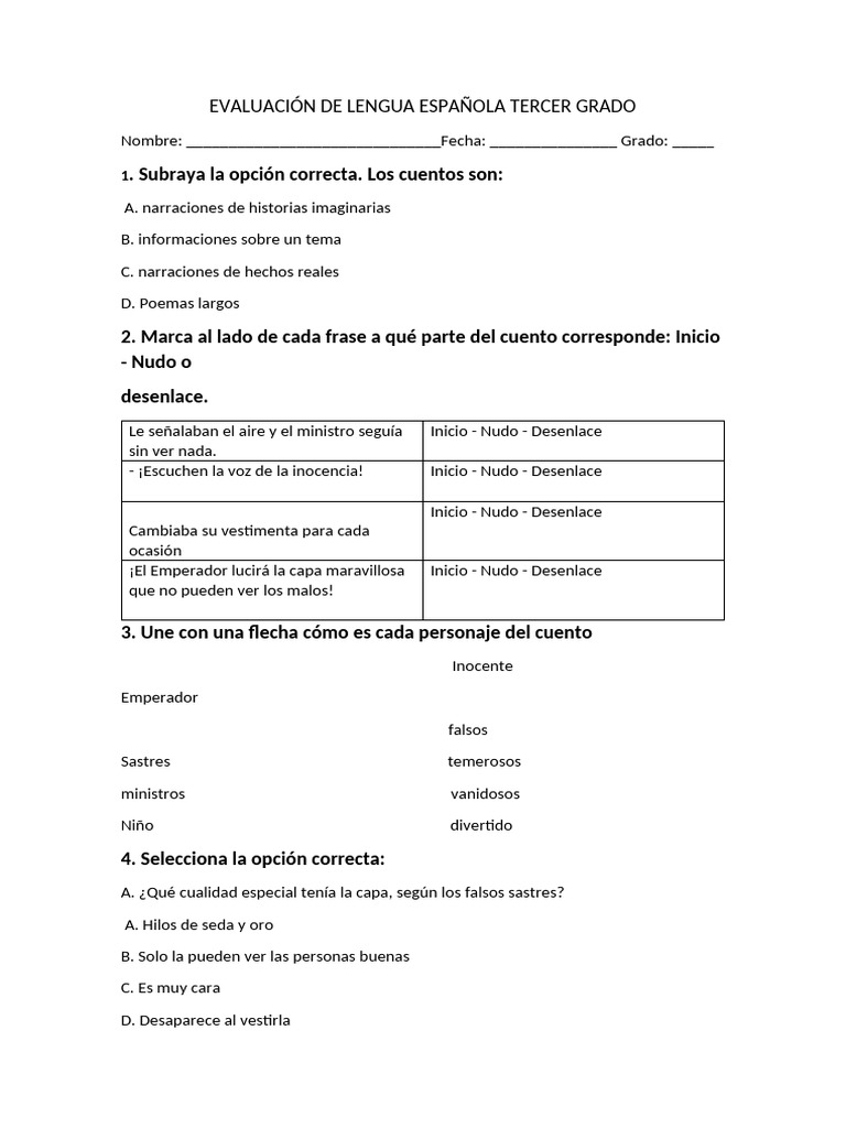 Evaluación de Cuentos para Tercer Grado | PDF