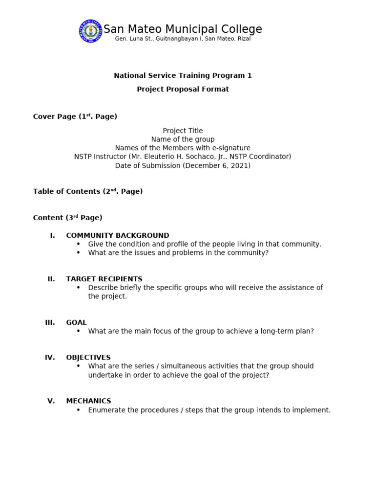 NSTP Project Proposal Format Guide | PDF