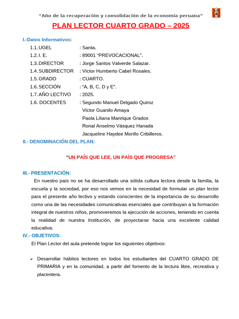Plan Lector 2025 para Cuarto Grado | PDF | Pedagogía | Psicología cognitiva