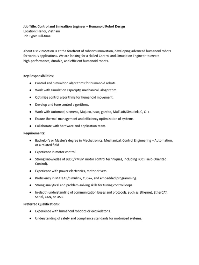 Control Engineer for Humanoid Robotics | PDF