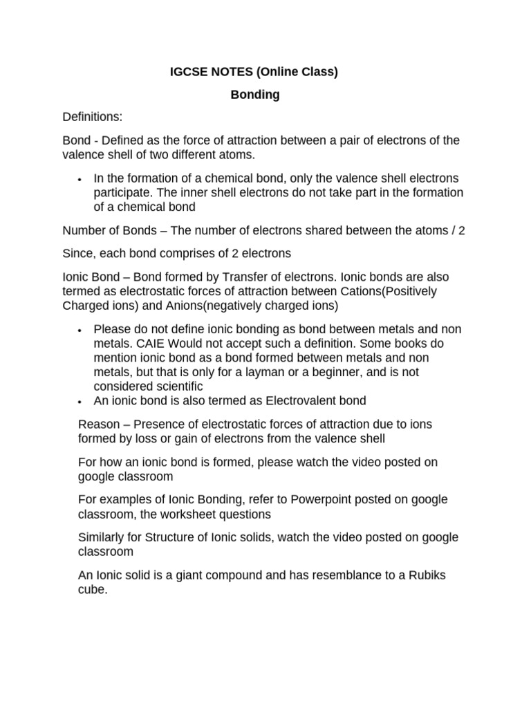 IGCSE Bonding Concepts Explained | PDF | Chemical Bond | Ion