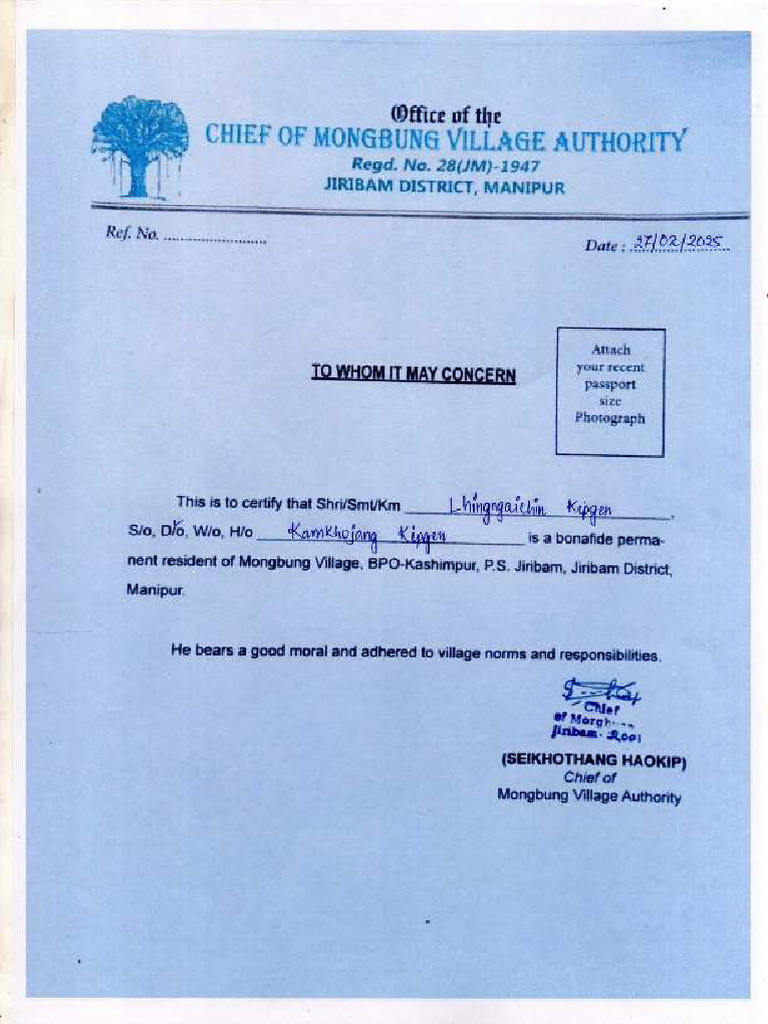 Verification by Chief or Chairman or Secretary of The Village Authority ...
