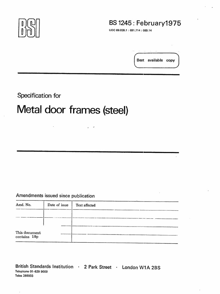 BS 1245 1975 Spec for metal door frames (Steel) | PDF