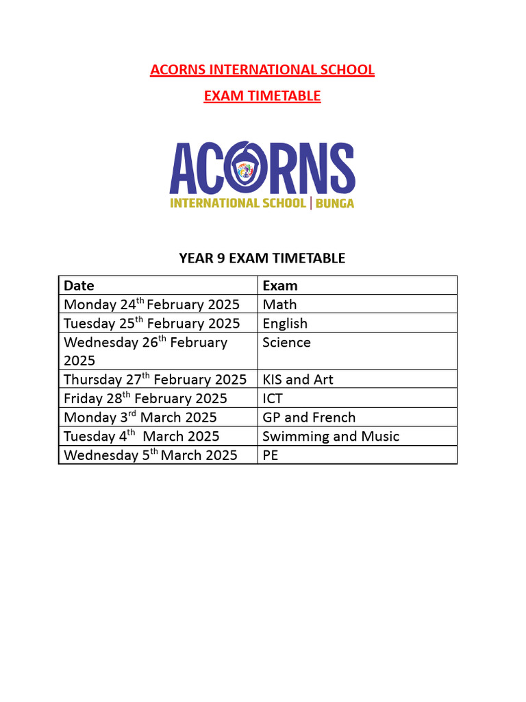Year 9 Exam Timetable 2025 | PDF