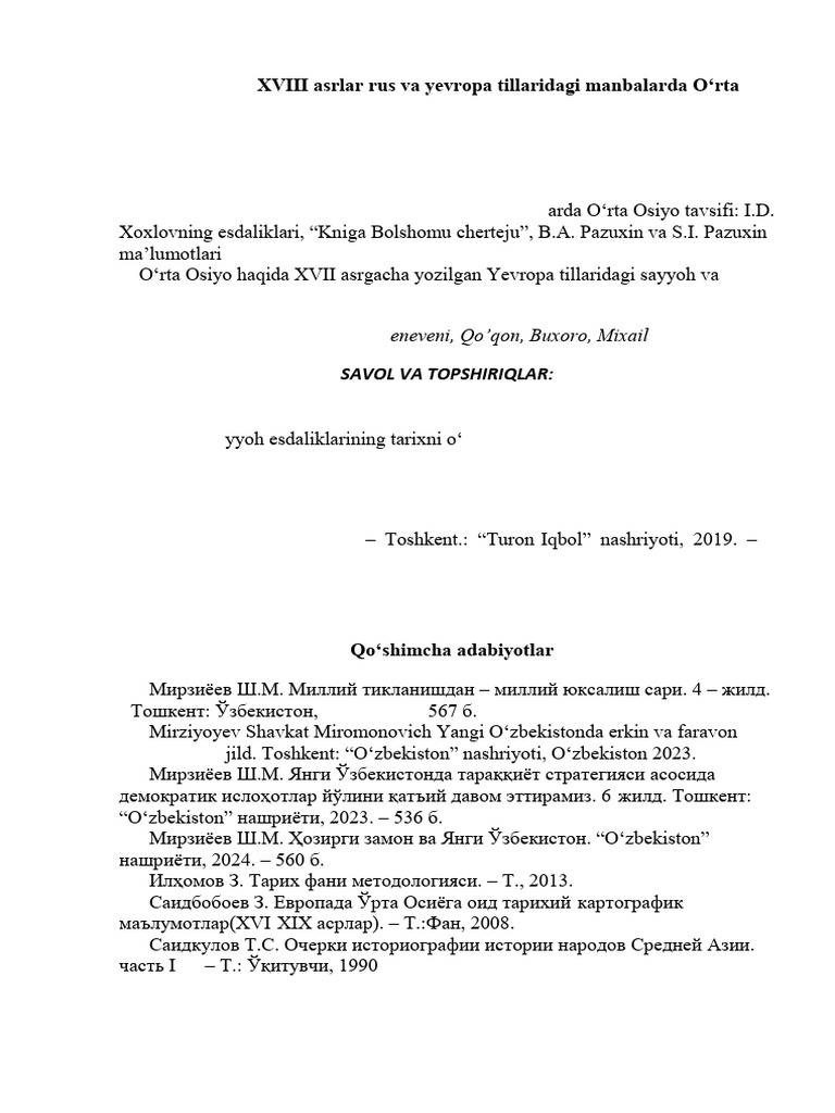 11-Mavzu: XVI-XVIII Asrlar Rus Va Yevropa Tillaridagi Manbalarda O Rta ...