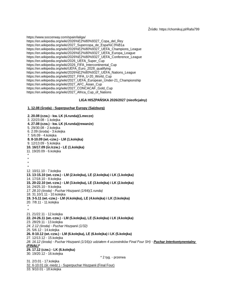 Liga Hiszpańska (La Liga) 2025/2026 (Terminarz) | PDF