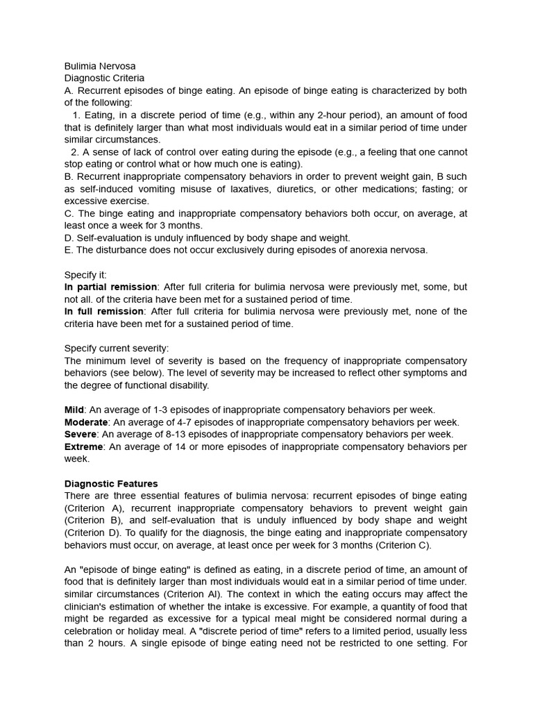 Bulimia Nervosa Diagnostic Criteria | PDF | Bulimia Nervosa | Binge ...