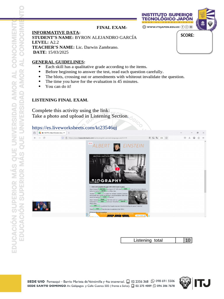 A2.2 Listening Final Exam Guidelines | PDF