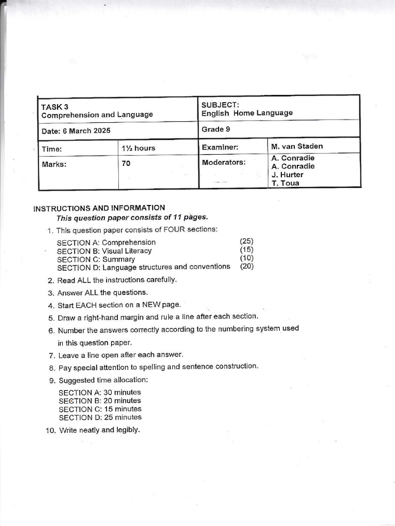 Grade 9 English Comprehension Exam 2025 | PDF | Reading Comprehension ...