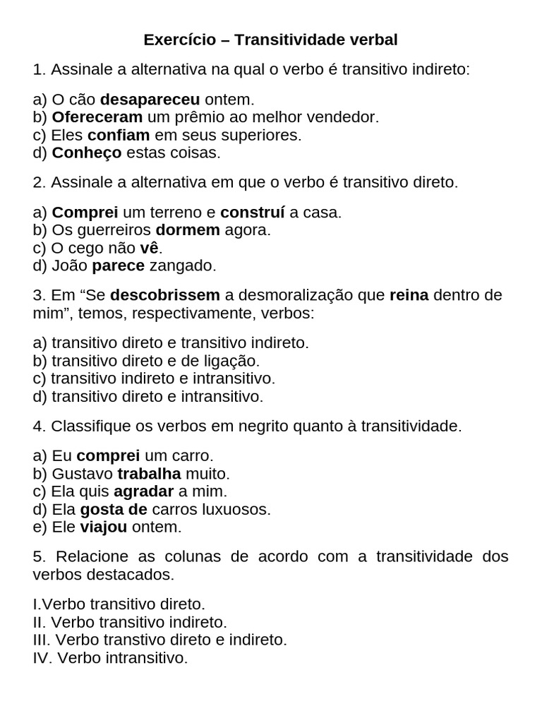 Exercício - Transitividade Verbal | PDF