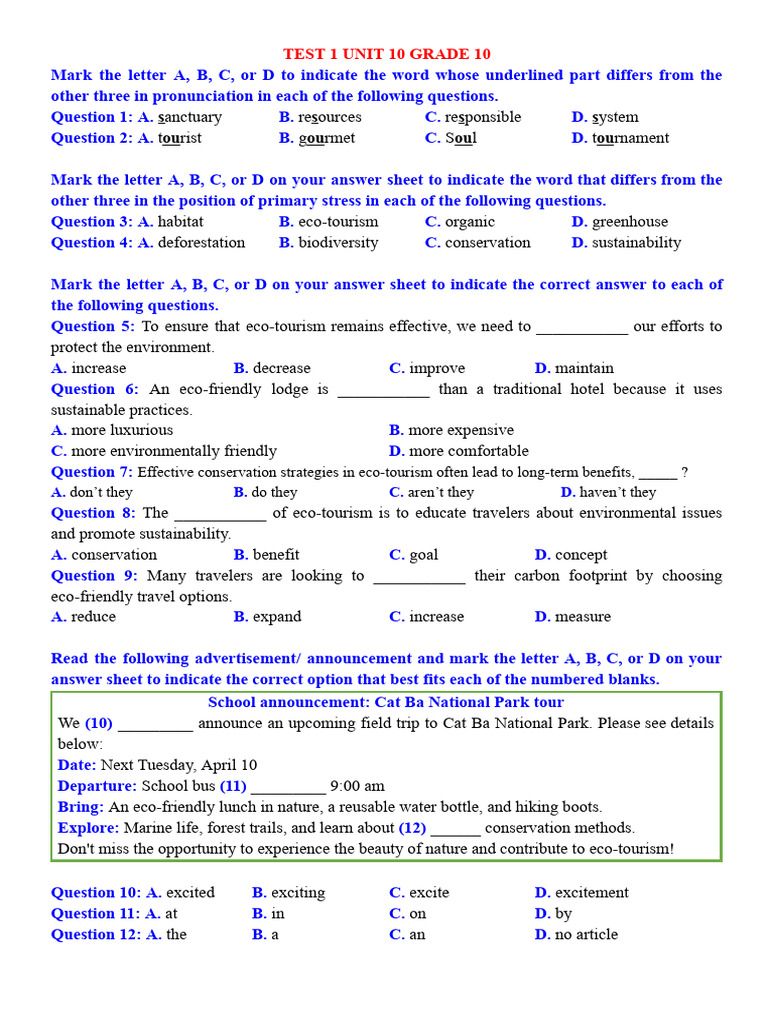 HS Test 1 Unit 10 Lớp 10 | PDF | Ecosystem | Tourism
