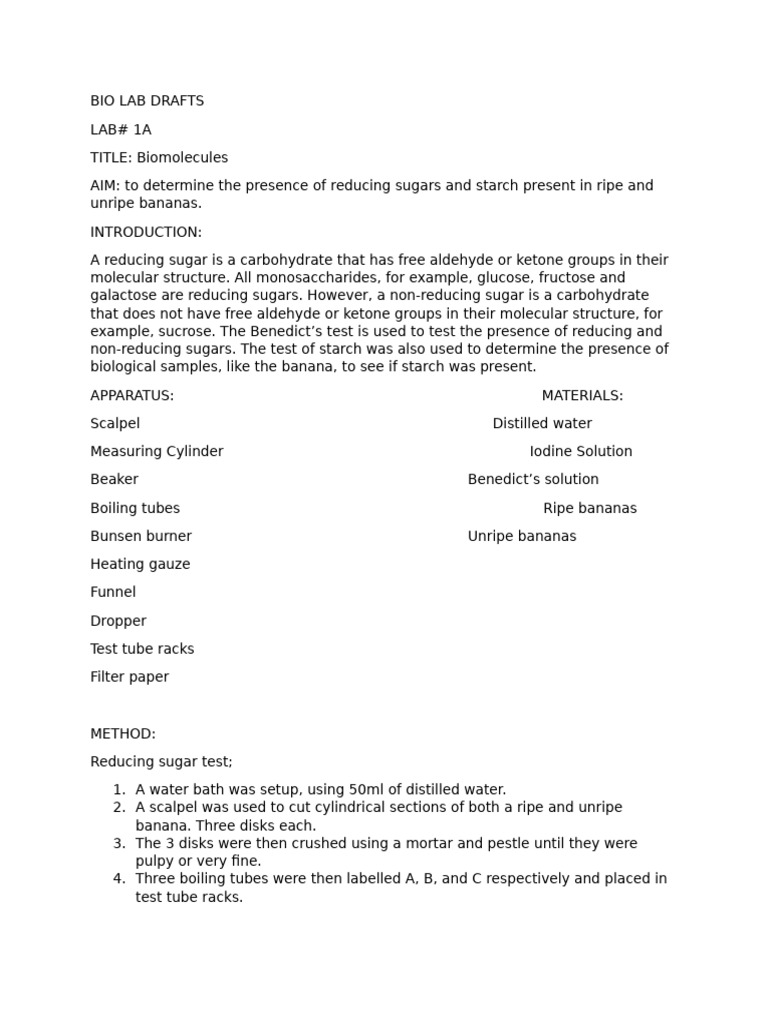 Reducing Sugars and Starch in Bananas | PDF | Chemistry | Chemical ...