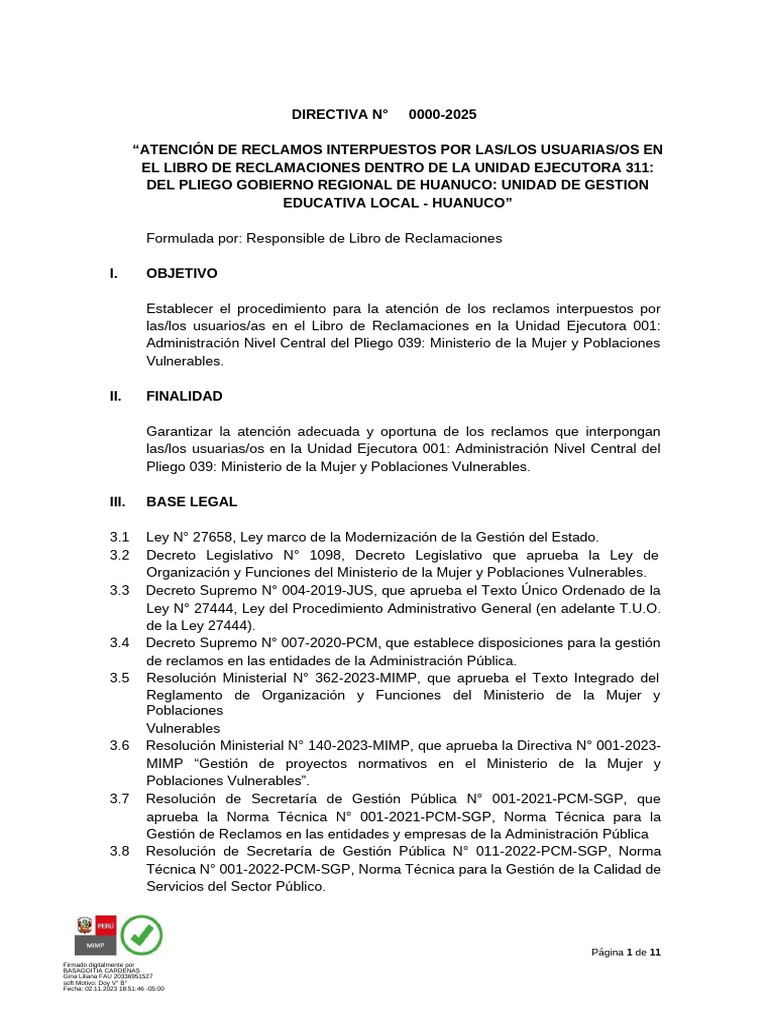 Directiva - Libro de Reclamacciones | PDF | Administración Pública ...