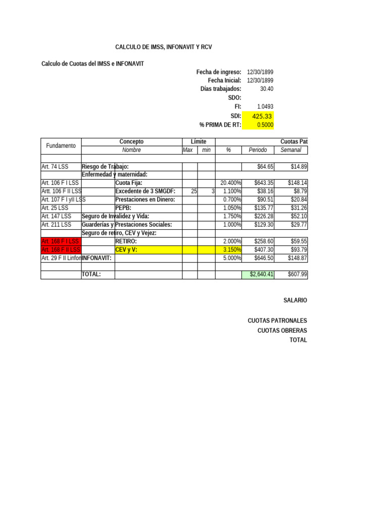 Cálculo Cuotas IMSS e INFONAVIT 2023 | PDF