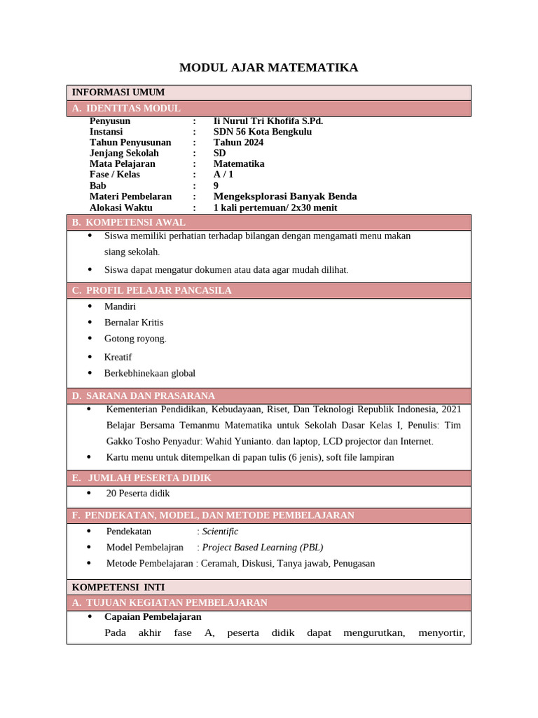 Modul Ajar Matematika Kelas 1 SD | PDF