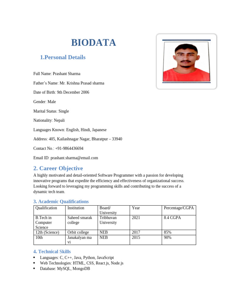 Prashant Sharma's Software Programmer Bio | PDF