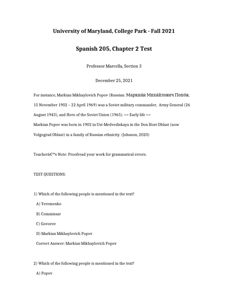 Spanish 205 Chapter 2 Test | PDF